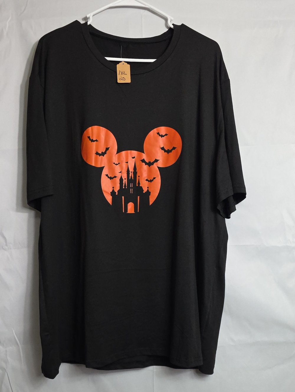 Black Womens Halloween Tee with Orange Castle Mickey Graphic Size 1XL (W706)